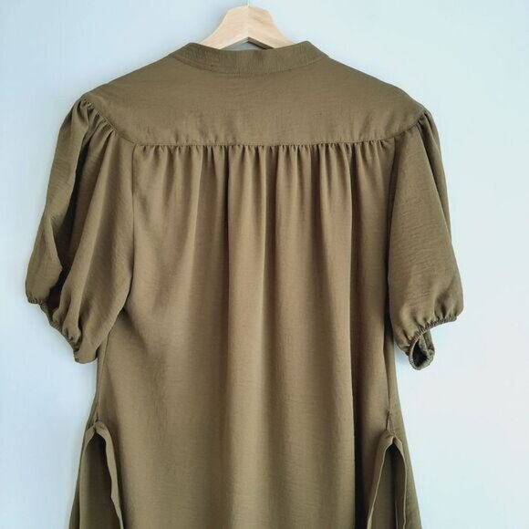 TOMMY HILFIGER | Puff Sleeve w/ Belt Flowy Light Knee Length Midi Dress Green 6 - Picture 8 of 14